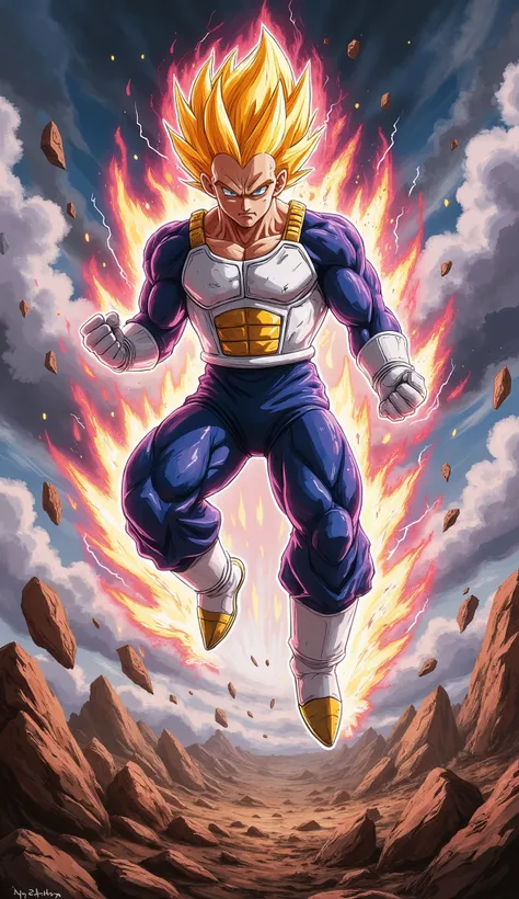 Vegeta, 18 years old and handsome, stands in mid-air with his body angled in a confident and cool pose. His figure is slightly turned, showcasing his muscular build and readiness for battle. His sharp blue eyes are filled with intense anger and focus as he...