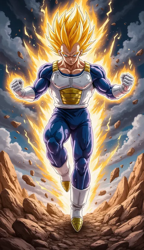 Vegeta, 18 years old and handsome, stands in mid-air with his body angled in a confident and cool pose. His figure is slightly turned, showcasing his muscular build and readiness for battle. His sharp blue eyes are filled with intense anger and focus as he...