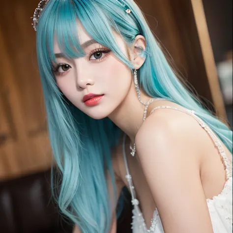   light blue hair with a slender body , Turquoise Eye,  has long eyelashes, Big Red Lips,  apricot eyes,  beauty,  Girly , Curly Hair,  princess