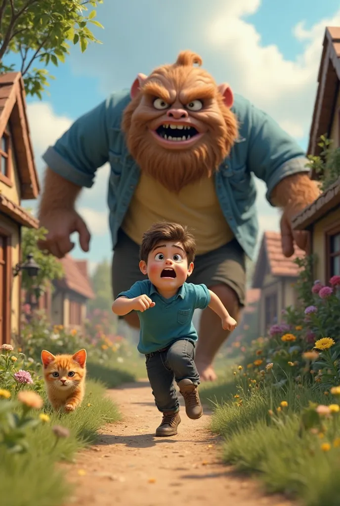 In 3d Pixar animation  wearing blue shirt and black jeans running away looking frightening outside the hobbit house with some orange tabby kitten. As a huge hobbit monster chasing after them