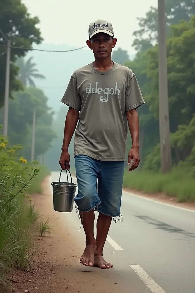 Indonesian man wearing baseball cap inscribed dhegol wearing short jeans not wearing body footwear in silver color paint is walking while carrying a small bucket on the side of the road 