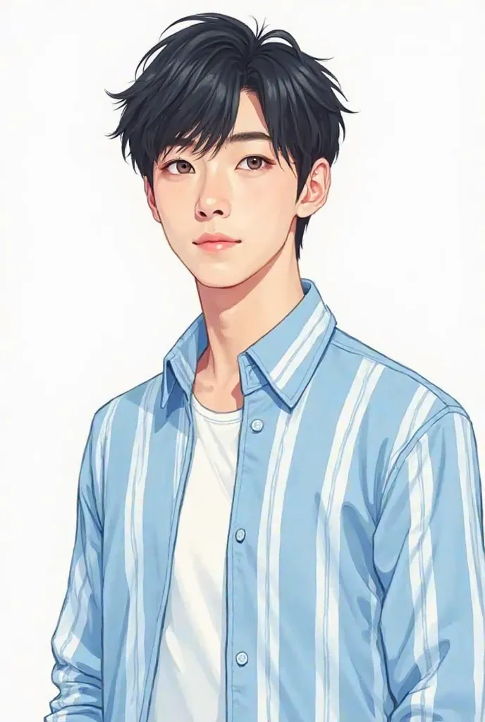 An illustration-style man wearing handsome blue and white striped clothes
Facing the front, it gives a soft impression
Asiatic　Yau Yan　Bangs that cover the forehead