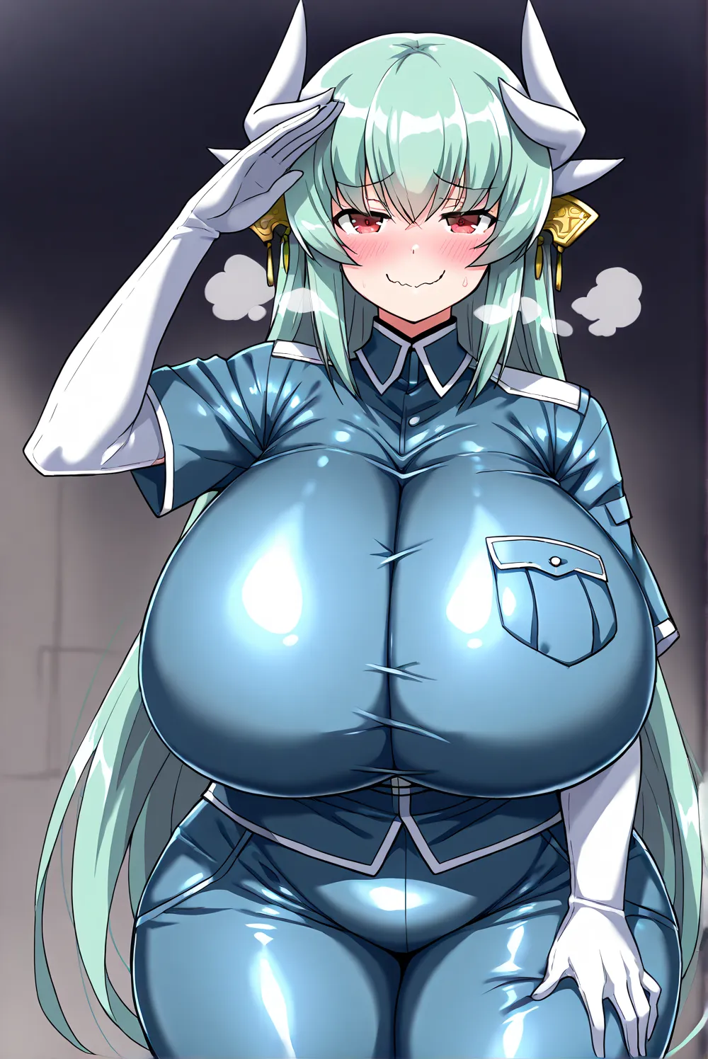 (Kiyohime,),(in heat,blush,smug,wavy mouth,close mouth,heavy breathing,),((military uniform,military pants,)),(high neck,tight-fitting,long gloves,chest pocket,),(salute,standing,arm at sides,hand on thigh,)(gigantic huge busty,glamorous,plump,big hips,tig...