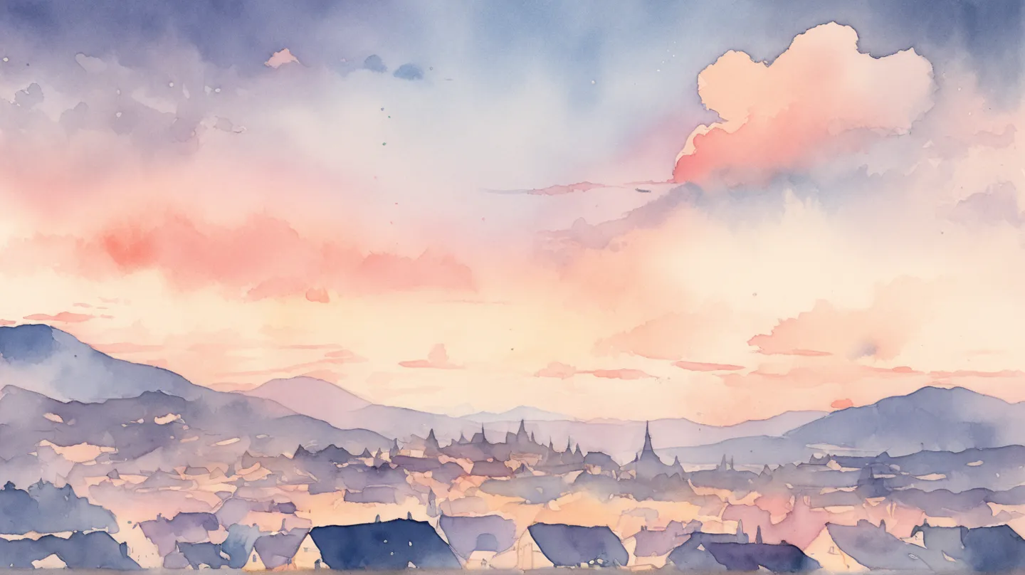 top quality, background only, Town at Dusk , Sunset and clouds , watercolor illustration , pastel colors