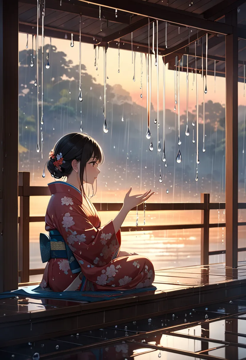 A rough ink painting that emphasizes the fantastic light created by raindrops dripping from the eaves, Beautiful girl in a kimono sitting on the eaves and catching drops of water, The sunrise reflected by large raindrops shines a soft light on her face, Ma...