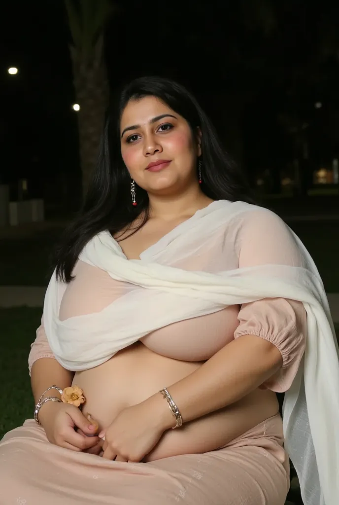 Beautiful fair muslim Pakistani chubby round face, plump body, mature housewife standing in school park at midnight, Darkness, seated on bench, wearing half sleeve kurti salwar, white sher scarf pallu, dense forest school park in background, horizon, sky, ...