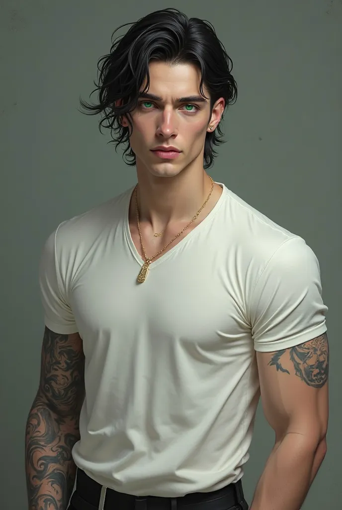 Black-haired man brushed back, green eyes, Esmeralda with lenses, wolf tattoo on his arm, white skin, square jaw and dressed in an elegant white t-shirt