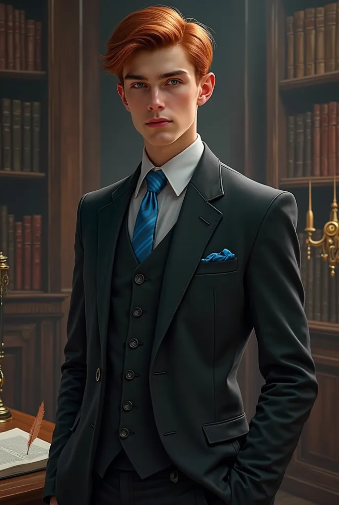 Create a Harry Potter-style Character
A man named Pietro Belchior with short hair and red hair, brown eyes,Slightly tanned white skin, black suit and blue tie