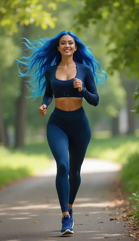 a breathtaking influencer with long cobalt blue hair and curvy boobs, jogging in a park, wearing leggings and crop top