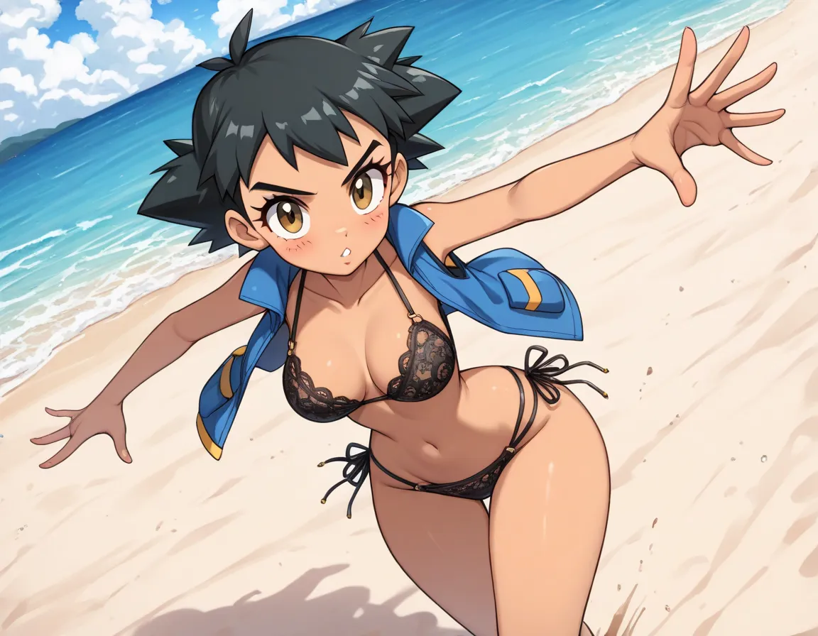 score_9, score_8_up, score_7_up, (((Masterpiece))), (((highres))), (((1girl, solo))), dynamic pose, shading, sharp focus, raytracing, 23yo, Ash_Ketchum_\(pokemon\), Black hair, ((long lashes)), lush lips, brown eyes, tan skin, thin waist, wide hips, curvy,...