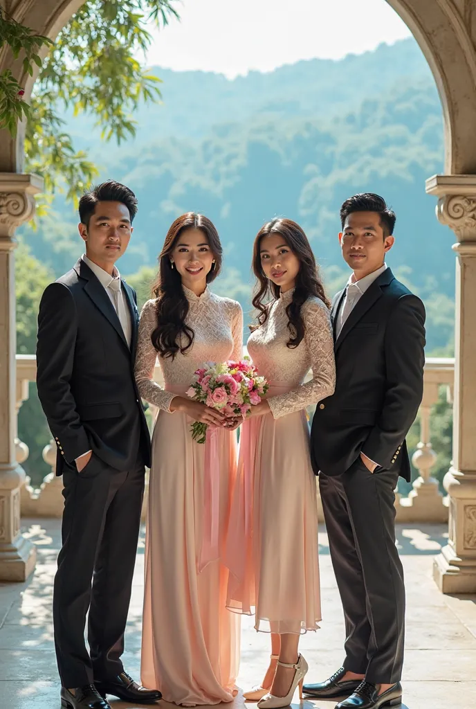 photography 3 handsome asian men with neat hair and one of them has long curly hair they wear the same uniform and compact service and there are 2 beautiful women wearing casual long-sleeved lace dresses looking elegant in the middle of them one of the wom...