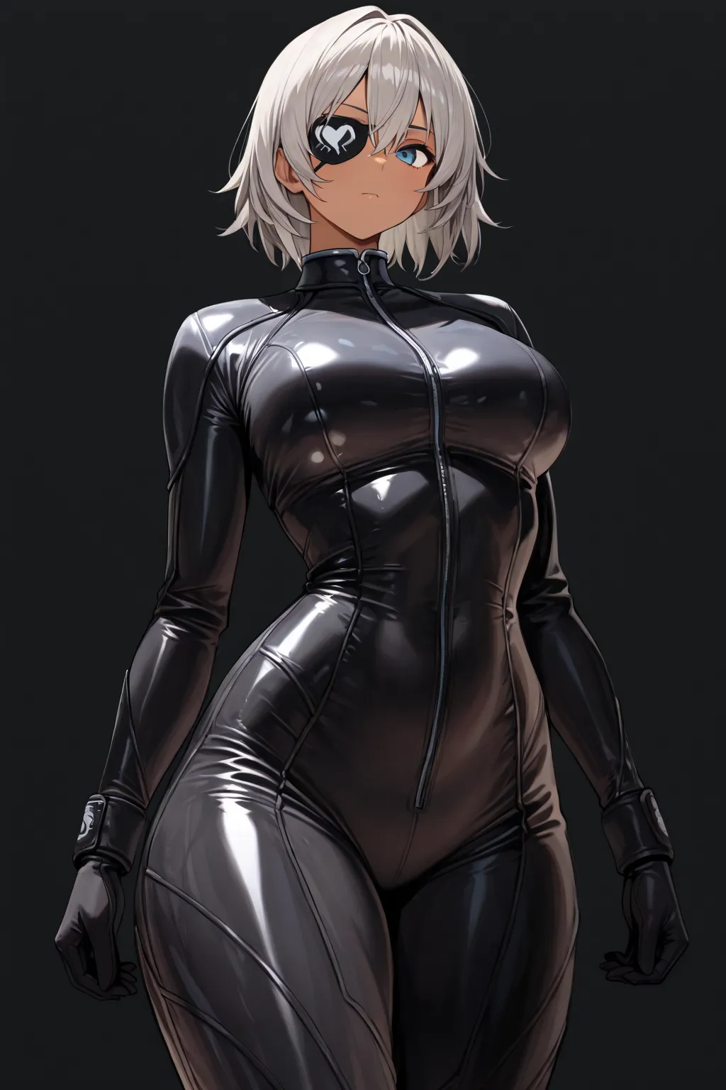 1 woman, tan, tall height, fighter, gray hair, middle hair, hair between eyes, blue eyes, right black eyepatch, bikesuit, (((no background))), (simple background), ((black background)), masterpiece, best quality, amazing quality, very aesthetic, absurdres,...