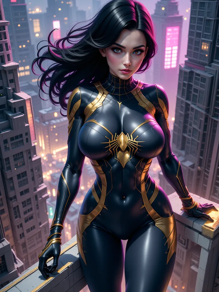 hidden hair, High Resolution, HD Model, black metallic and gold suit，Lady Spider-Man， very big breasts，Big City Rooftop ，neon