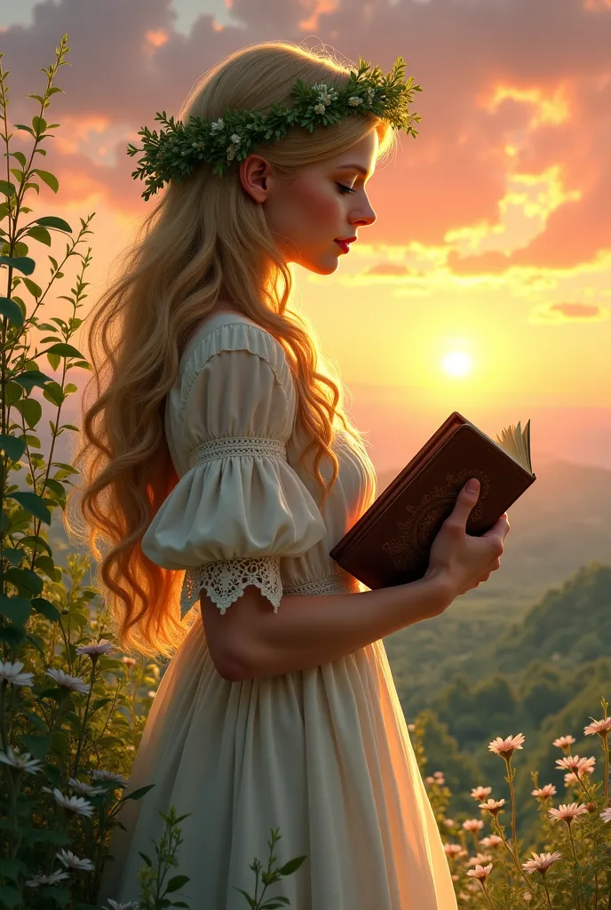 A woman in a green dress at sunset, holds a clover booklet, blond hair is loose, lush and a wreath of green flowers, a little mysticism