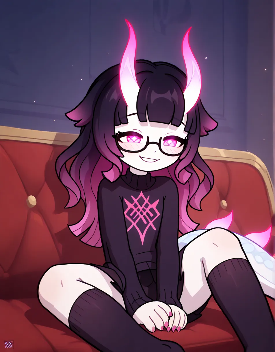 art by chalkeaters, best quality, masterpiece, amazing quality, very aesthetic, black hair, round black glasses, white skin, shortstack, black shirt, black sweater, long messy hair, neon pink eyes, black skirt, long black socks, long hair, vibrant deep pin...