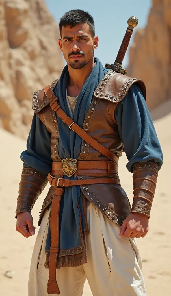 An eye-level shot reveals a man in an outfit reminiscent of a "Prince of Persia" character, set against a blurry, sandy backdrop.

The man, with a light skin tone, is postured as if ready for action, his fists clenched and held at waist level. He is sporti...