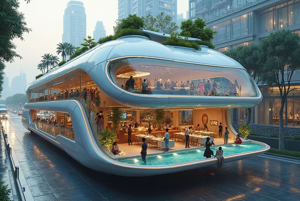 A massive, luxurious moving city-car, as tall as a 20-story building and as long as four football fields. The vehicle is open on all sides but has reinforced transparent glass for protection. Inside, there is a swimming pool, restaurants, a theater, a shop...