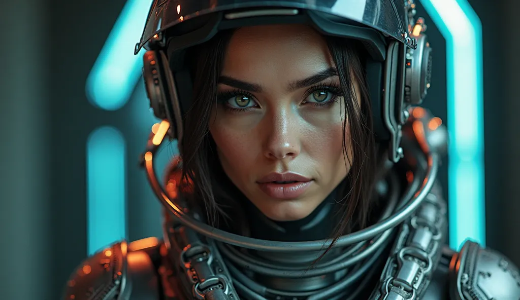 Futuristic Pilot"
Detailed close-up portrait of a beautiful woman with very large breasts, dressed in a tight-fitting, metallic, futuristic flight suit with glowing neon piping details, clear visor helmet raised, revealing her captivating eyes and flawless...