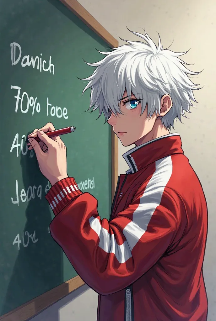 A mature anime male character image of a guy writing on a chalk board. What he wrote there is Danich X OcNest. Make his hair glowing white(short hair)and his jacket Red(70%) and white(40%)