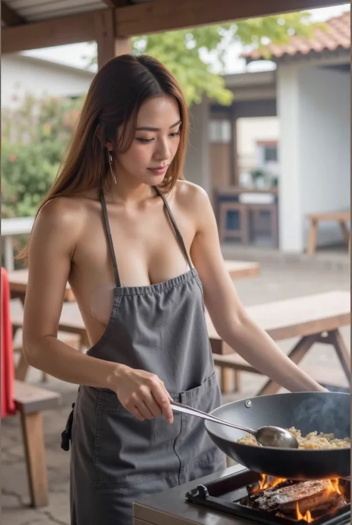 araffe woman cooking food on a stove in a kitchen, asian girl, cooking, beautiful asian girl, wearing an apron, revealing clothes, sexy girl, an asian woman, asian woman, cooking it up, asian women, in the kitchen, asian female, (sfw) safe for work, asian ...