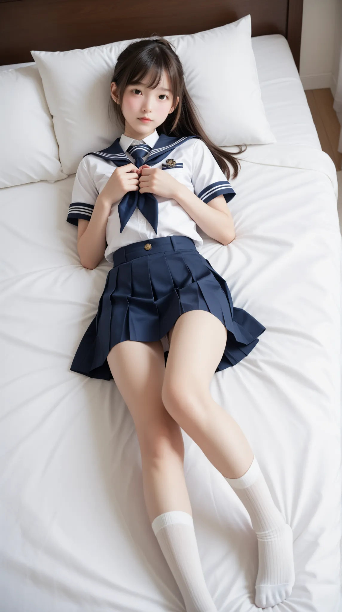 score_9, score_8_ up, score_7_ up,cute girl,sunlight, school uniform,Roll up your uniform with both hands to show your chest,(thin:1.5),( young:0.5),(  body :0.3),(white skin:1.1),navy skirt,camel toe,white knee-high socks,The luxury of lying in bed,(smile...