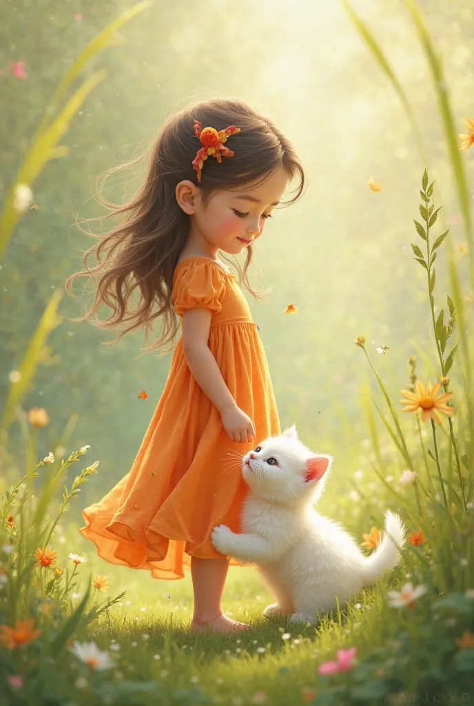 Create image of kitten white in color sitting in grass and a girl in orange dress standing