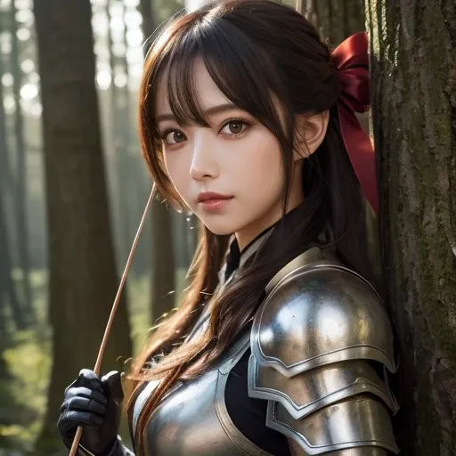  best quality , Masterpiece,   ultra high definition , Strong women,  long curl hair,   Leather Armor  , nyuru , Archer, Exquisite Bow,  Mysterious Runes, Magical,  detailed ed background , forest, extreme detailed, 4K,  