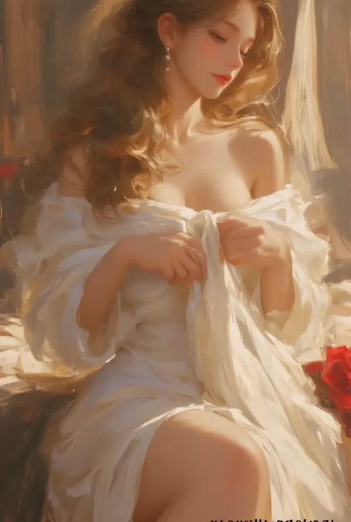 oil painting, V.V. style,  half in  shadow . beautiful girl, open neckline dress, blonde, lower body, leg, untying hair, braless, changing clothes, flower, bedroom, oil painting texture, (masterpiece, best quality:1.2) 