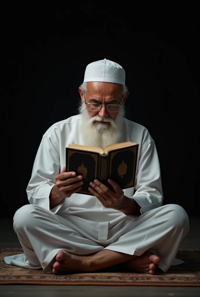 A Muslim old man with a white beard, wearing a traditional white robe and a kufi cap, sits alone on the ground reading the Quran. The view is from behind him, showing the open Quran in his hands. His surroundings are completely dark, emphasizing the holy b...