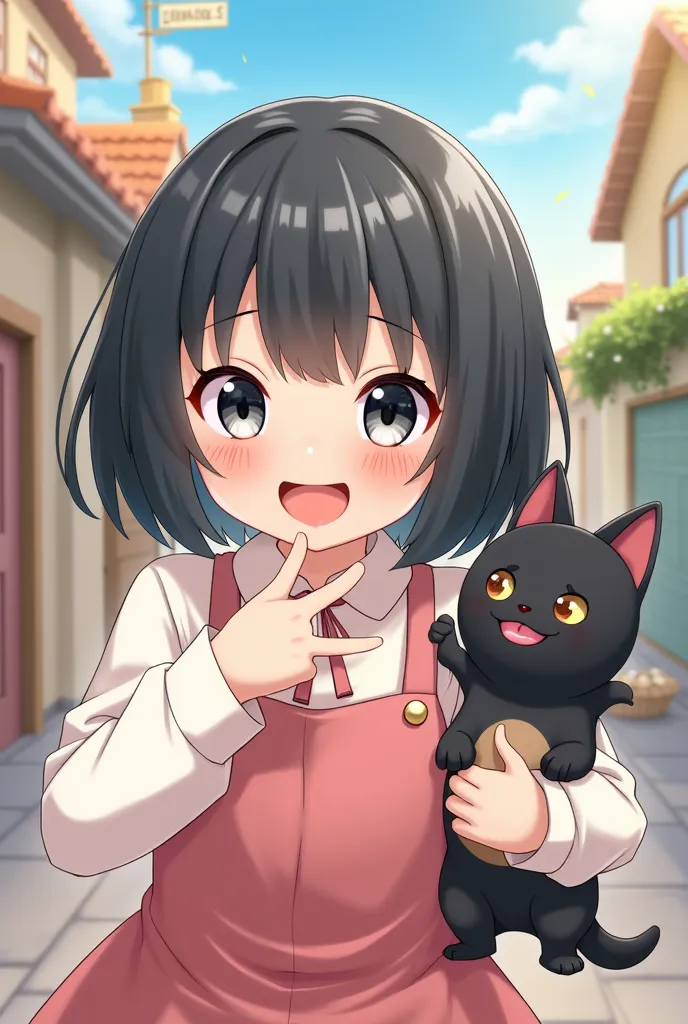 Cute girl with short straight black hair with grey eyes, sticking out tongue with black friend, anime