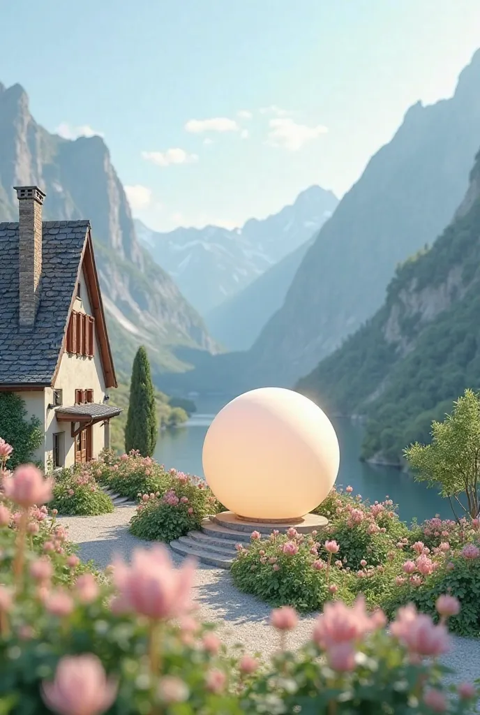 Create 1 desktop screenshot. Light colored sphere,  easy to see . One photo of each mountain, with wind masonry, with flowers as foreground, there is a house . Swiss-like pride