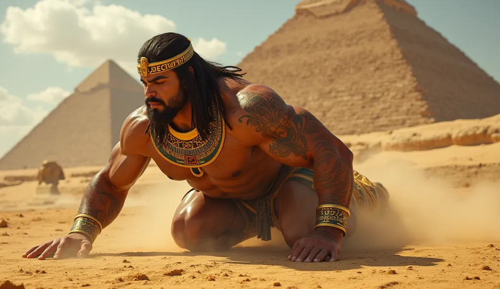 A massive, muscular Egyptian giant with golden skin and intricate hieroglyphic tattoos is doing push-ups on a vast sandstone platform, surrounded by the pyramids and the Great Sphinx. His enormous hands press into the stone, causing small cracks to form. T...