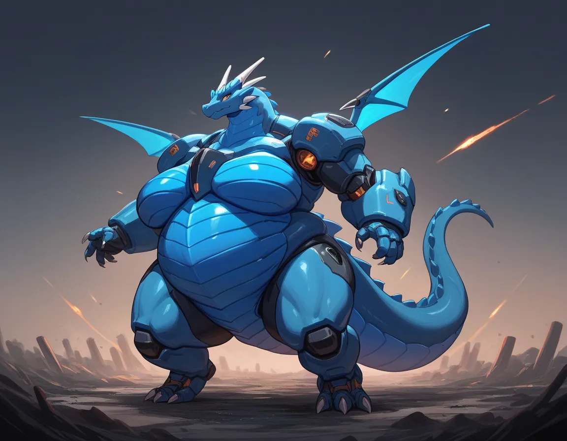 full body view, anthropomorphic dragon, female (dragon),by bebebebebe,by morethreedee, by seibear, big wided chest, futuristic mecha armored, big breast, small head, super wide overweight chubby giga giant body, thick tail, night city, giant railgun, giant...