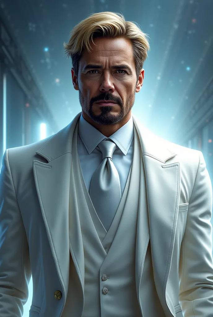 Gregory Stark, Tony Stark's twin brother from the Marvel Universe. A tall man with noble blacks faces, with a well-groomed beard and blond hair. He is wearing an elegant white suit with a long coat, with a white shirt and a formal tie, , which emphasizes h...