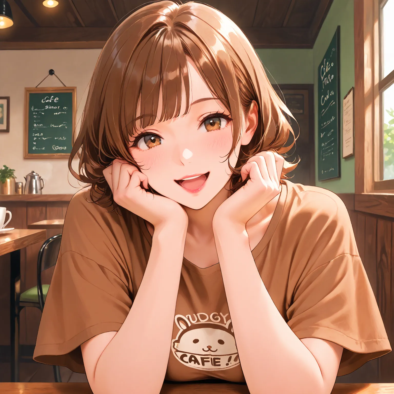 masterpiece,best quality,high resolution,(1 woman,30 years old, Pudgy Body,brown t-shirt),dark brown hair,short wave hair,cafe,sit on dhair,coffe,lipstick,smile,open mouth,