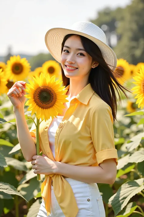 close up shot photo, social media photo, realistic portrait photo of a beautiful Asian woman, she is a professional model, she wearing on yellow shirt inside a white blouse, white denim pants, she wear a white boardbrim, beautiful make-up, energitic and yo...