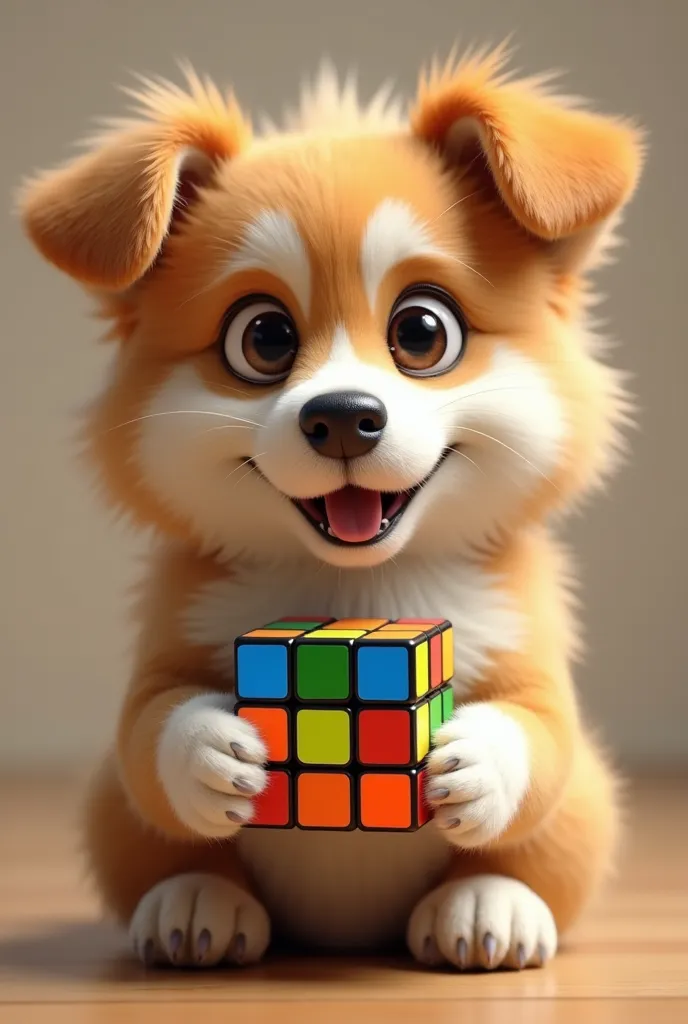 Dog Rubik cube in hand