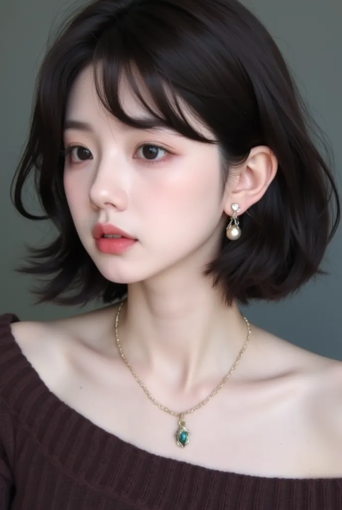 ((skin texture：1.3)),Exquisite Face Detail，skin texture，社交媒體portrait，High quality photo，Cute sweet japanese girl，solo，jewelry， Earrings，necklace，Watching the audience， Brown hair ，Microgap , realistic，Lips，short hair，Shut up，Off-shoulder sweater， Dark Hair...