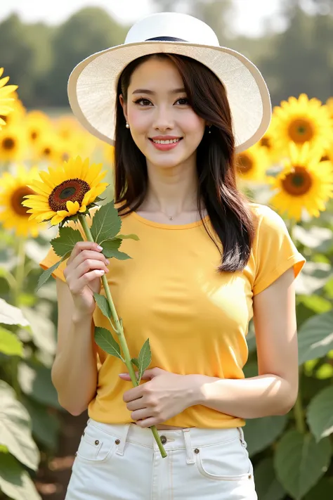 close up shot photo, social media photo, realistic portrait photo of a beautiful Asian woman, she is a professional model, she wearing on yellow short sleeve shirt and white denim pants, she wear a white boardbrim, beautiful make-up, energitic and youthful...