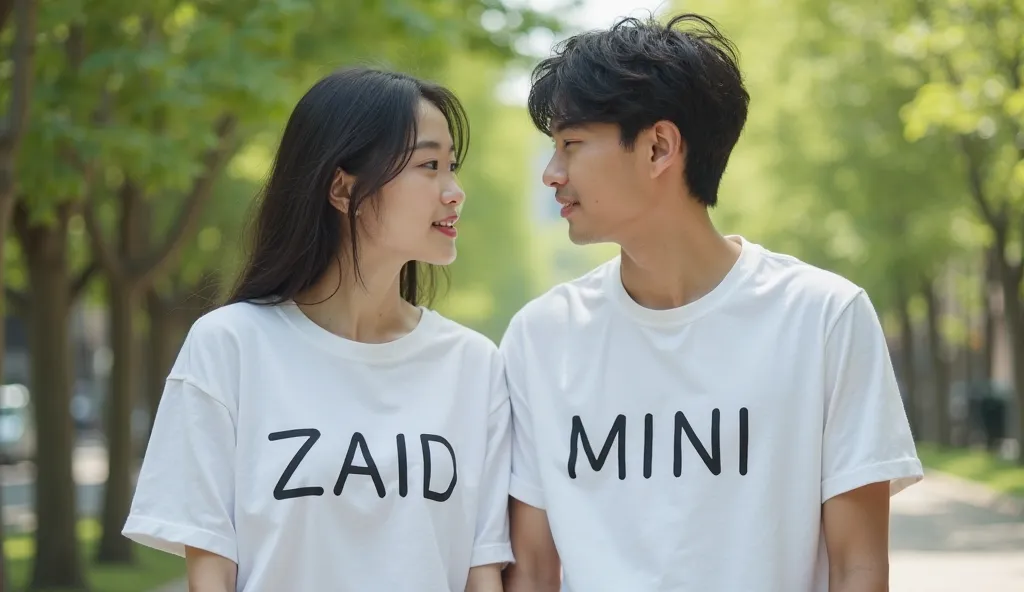 The 40 years old young cute Japanese couple the his seen the women, taking white color shirt and write on it "ZAID" THE woman her more attitude taking the white color shirt and write on it "MINI" both are set in the park 