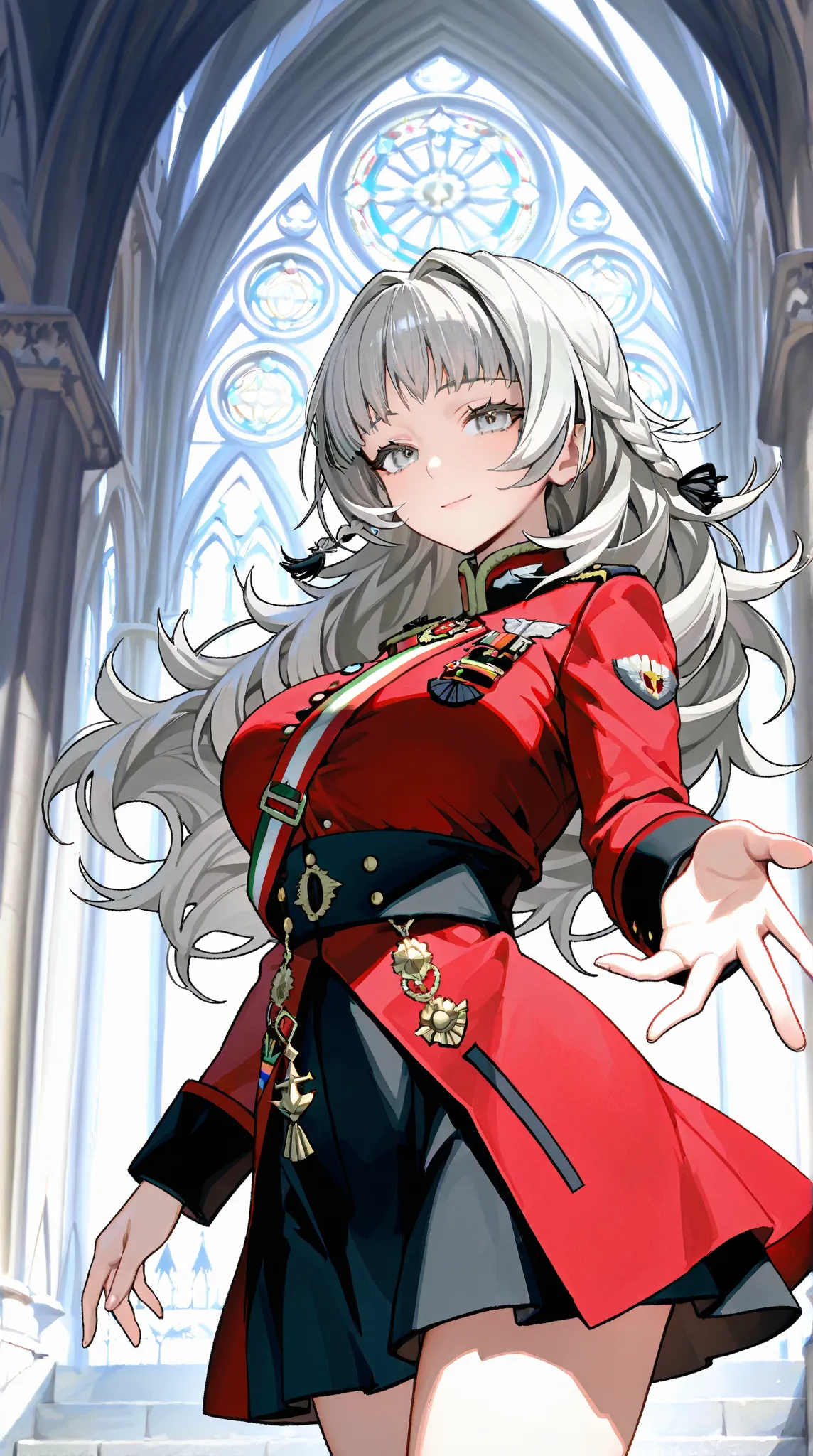 Vittorio Veneto, Masterpiece, best quality, 8k, High Details, outside milan cathedral, 1girl, Solo, Long Hair, Braid, Grey Hair, Large breasts, grey eyes, soft smile, red military dress, short skirt, black skirt, hands, extending hand, wide Shot,