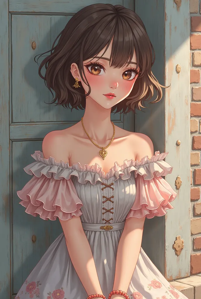 sian female, mid-20s, with short, wavy brown hair, wearing a light-grey, off-the-shoulder dress with pastel pink ruffles, featuring embroidered cherry blossoms. The dress has a V-neck, buttoned front, and a tiered ruffled skirt, the skirt's hemline has a s...