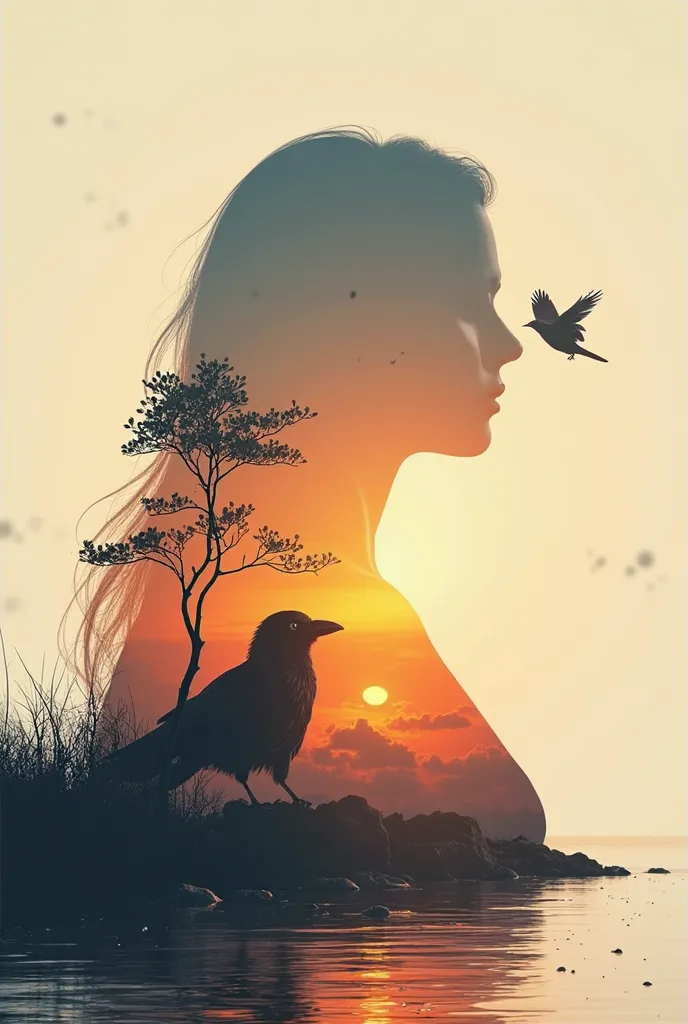 high quality, 8K Ultra HD, A beautiful double exposure that combines an goddess silhouette with sunset coast, sunset coast should serve as the underlying backdrop, with its details incorporated into the goddess , crisp lines, The background is monochrome, ...