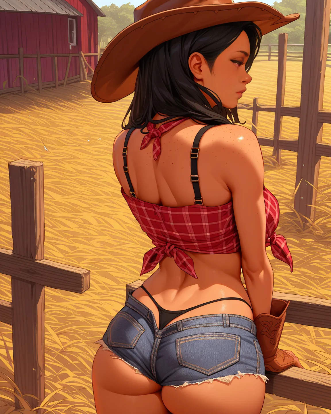 farm girl, cowboy hat, plaid front knot crop top, cleavage, bra, denim shorts, cowboy boots, high waist thong, freckles, black hair, brown skin, latina, from behind