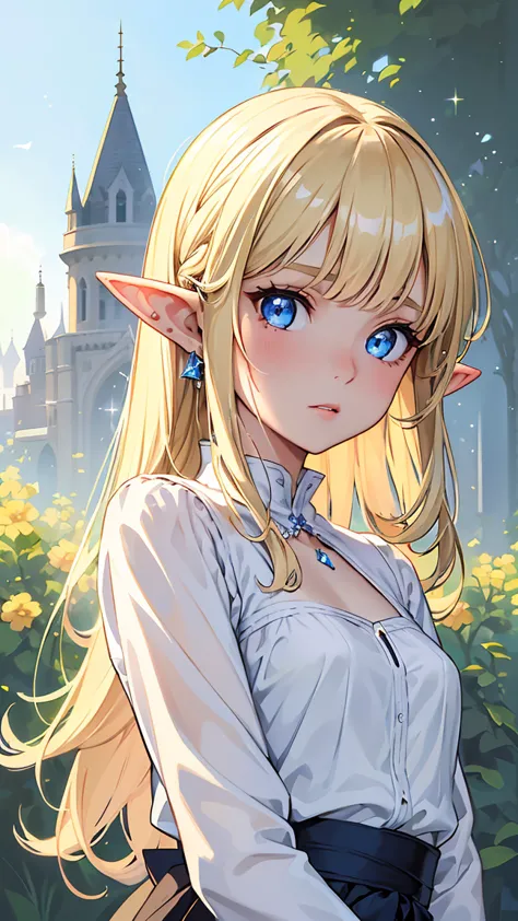 16k、masterpiece、High definition、High resolution、((Young Elven Woman))、((Beautiful white skin))、((Beautiful blonde))、((Sparkling blue eyes))、((Pointed Ears))、Frightened face、Flax dress、Simple clothes、clear blue sky、Look at me、((upper body))