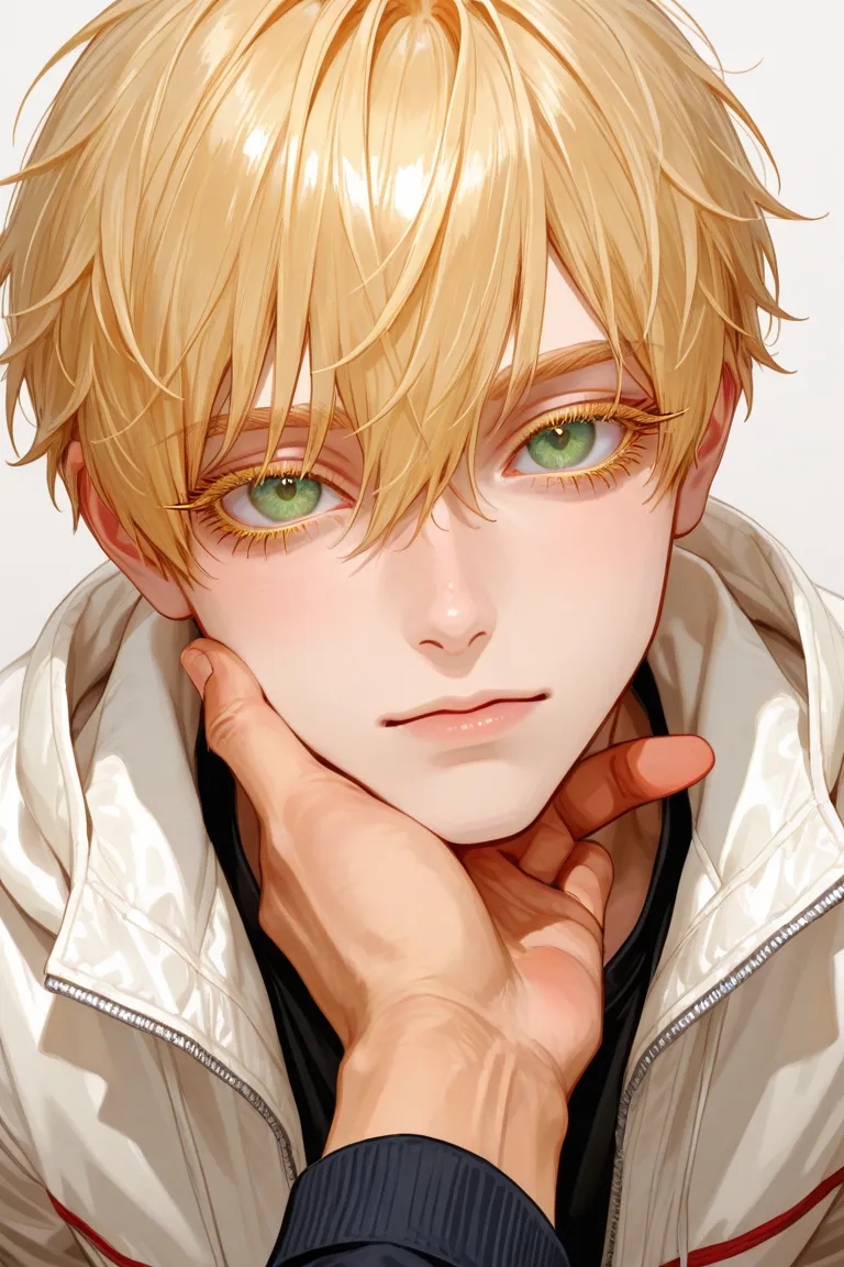 Blond boy with green eyes and abundant eyelashes, pale and freckled, red and white pov jacket