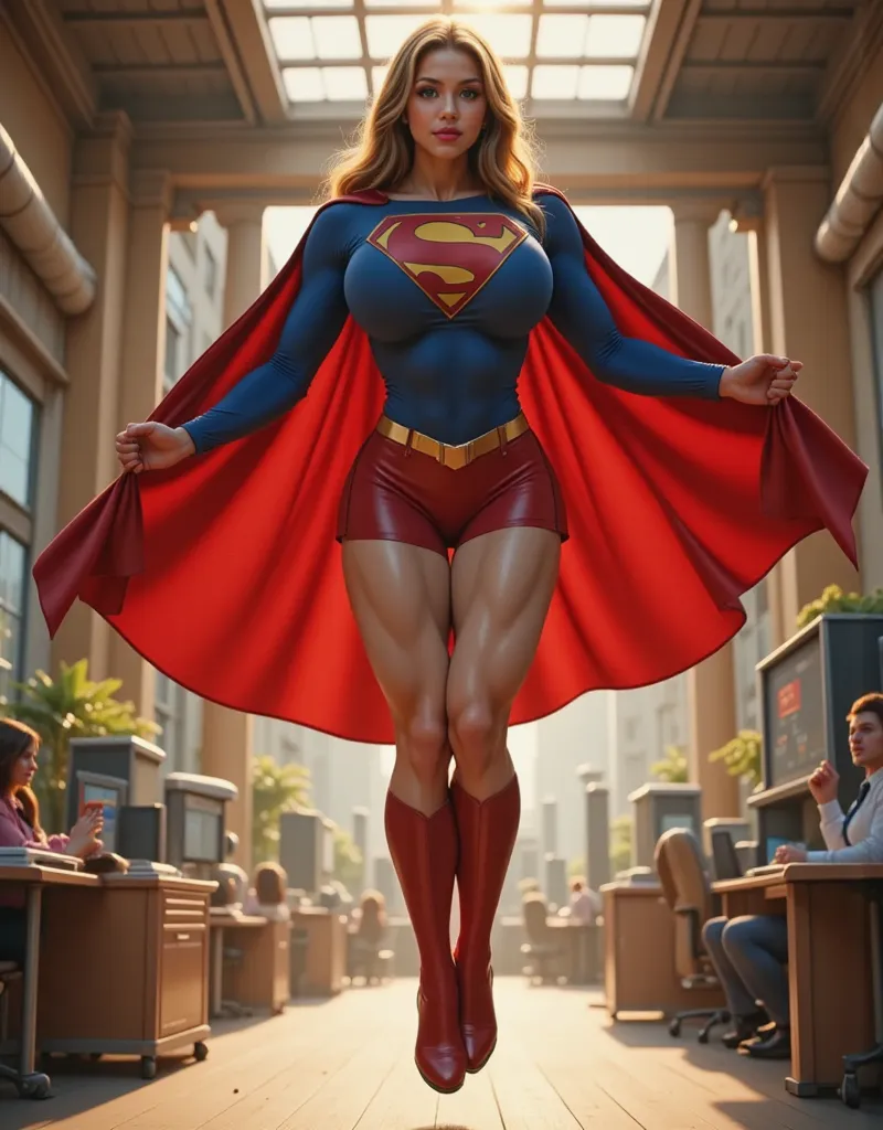 floating in the air, wearing 1980s spandex Supergirl costume and cape with red leather Supergirl shoes, beautiful, playful and cute with long blonde hair, detailed blue eyes, nose, and lips, wearing professional clothes,(best quality,4k,8k,high resolution,...