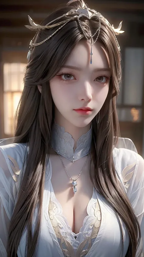 (Best quality, High resolution, Masterpiece :1.3), A tall and pretty woman, Slender abs, Pink brown hair styled in loose waves, Breasts, Wearing pendant, nude, Details exquisitely rendered in the face and skin texture, Detailed eyes, Double eyelid, whole b...