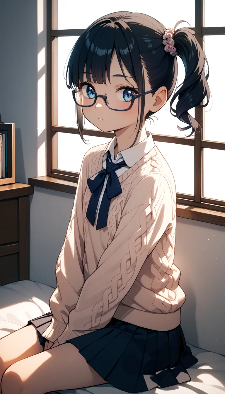 ((best quality)), ((masterpiece)), ( details), A beautiful anime girl with glasses, wearing a stylish black-rimmed frame. She has long, silky black hair tied in a side ponytail, and her deep blue eyes shine gently behind her glasses. She wears a cozy overs...