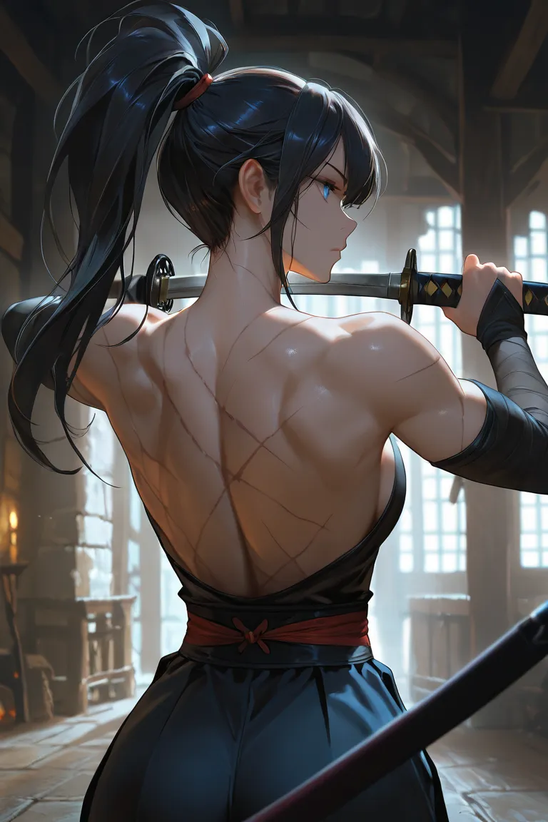 beautiful sexy girl, long ponytail hairstyle, dark hair, blue eyes, attractive, top quality, masterpiece, showing less clothes, cinematic shot, dark ambience, dynamic pose, mysterious, fit body, scars in body, inside a dungeon, holding a sheathed katana, l...